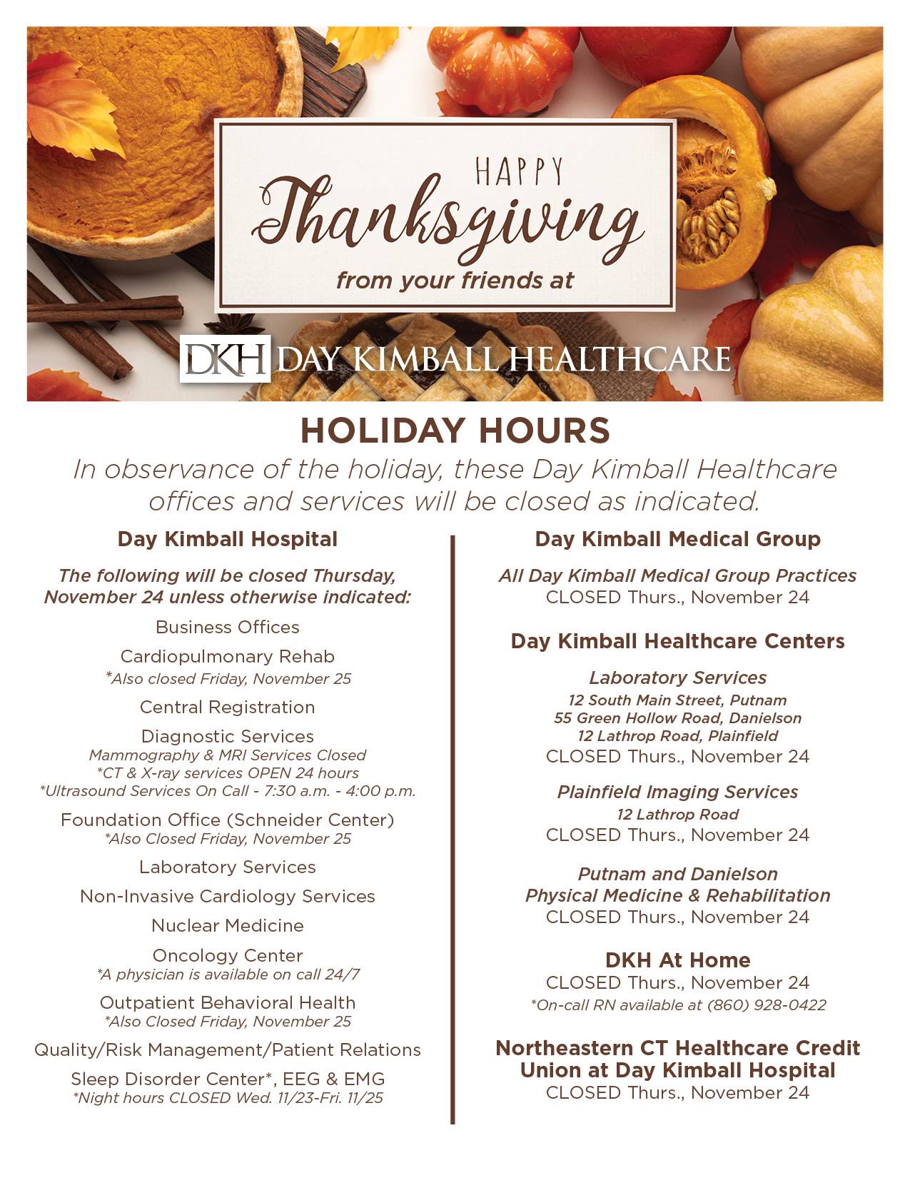 DKH Thanksgiving Hours